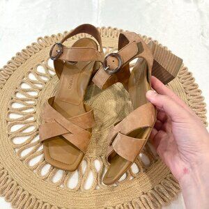 Paul Green Tan Cross Front Velcro Ankle Suede Heel Sandals Size UK 4.5/ US 7